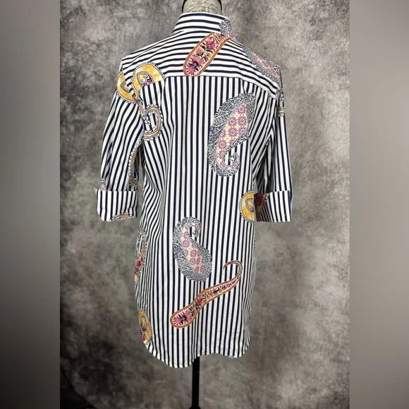 Chico's Navy & White Striped Paisley Button Down Casual Chic Shirt Size 0 (4/6) - Picture 4 of 9